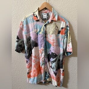 Zara Men’s Small Relaxed Fit Linen Blend Abstract colorful Resort Short Sleeve